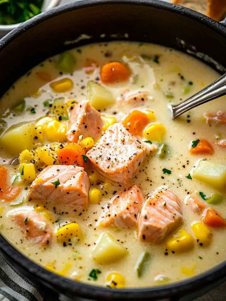 A close-up of a hearty salmon soup with rich cream, chunks of salmon, golden corn, potatoes, and carrots, sprinkled with black pepper and parsley.