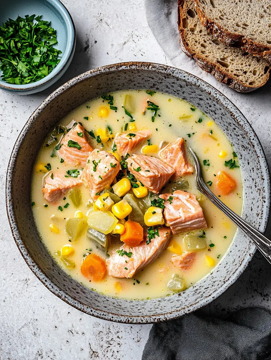 Salmon soup in a speckled gray bowl, featuring colorful vegetables such as corn, carrots, and potatoes, with generous pieces of flaky salmon and a side of crusty bread.