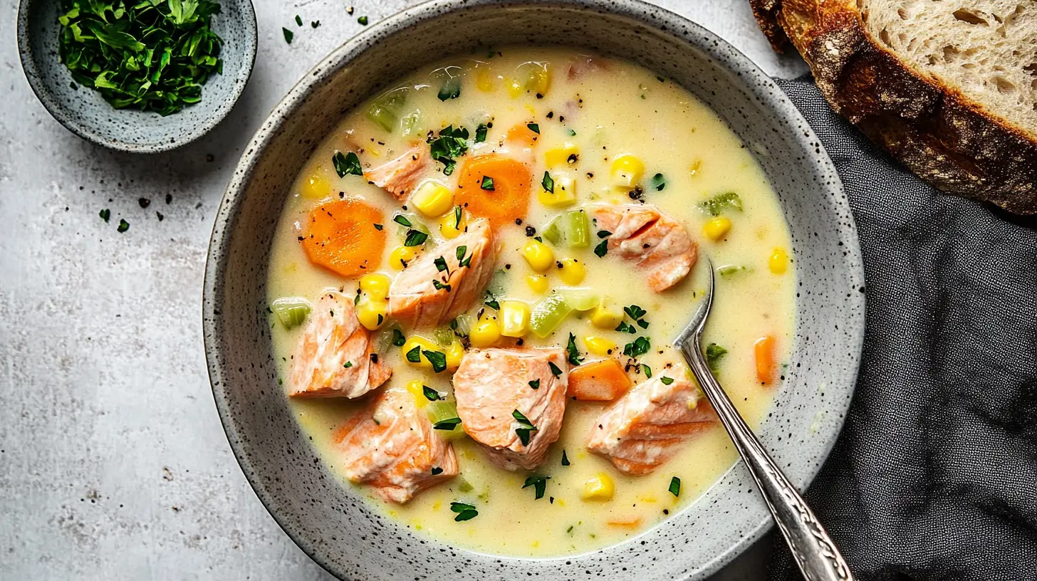 A close-up of a salmon soup with large chunks of salmon, carrots, corn, and potatoes in a thick, creamy broth, garnished with parsley.