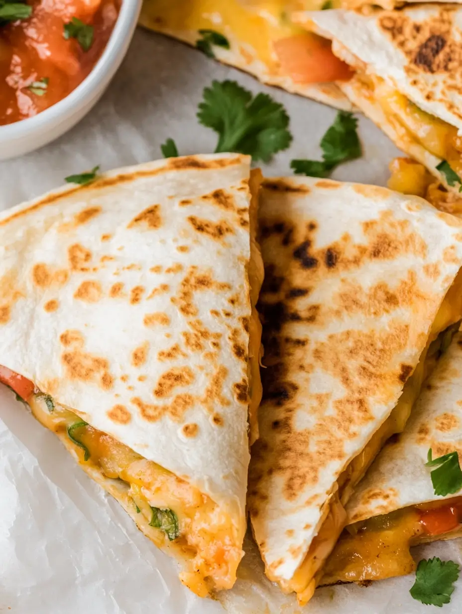 Leftover turkey golden-brown quesadilla slices filled with melted cheese, fresh herbs, and vegetables, served with salsa and garnished with cilantro.