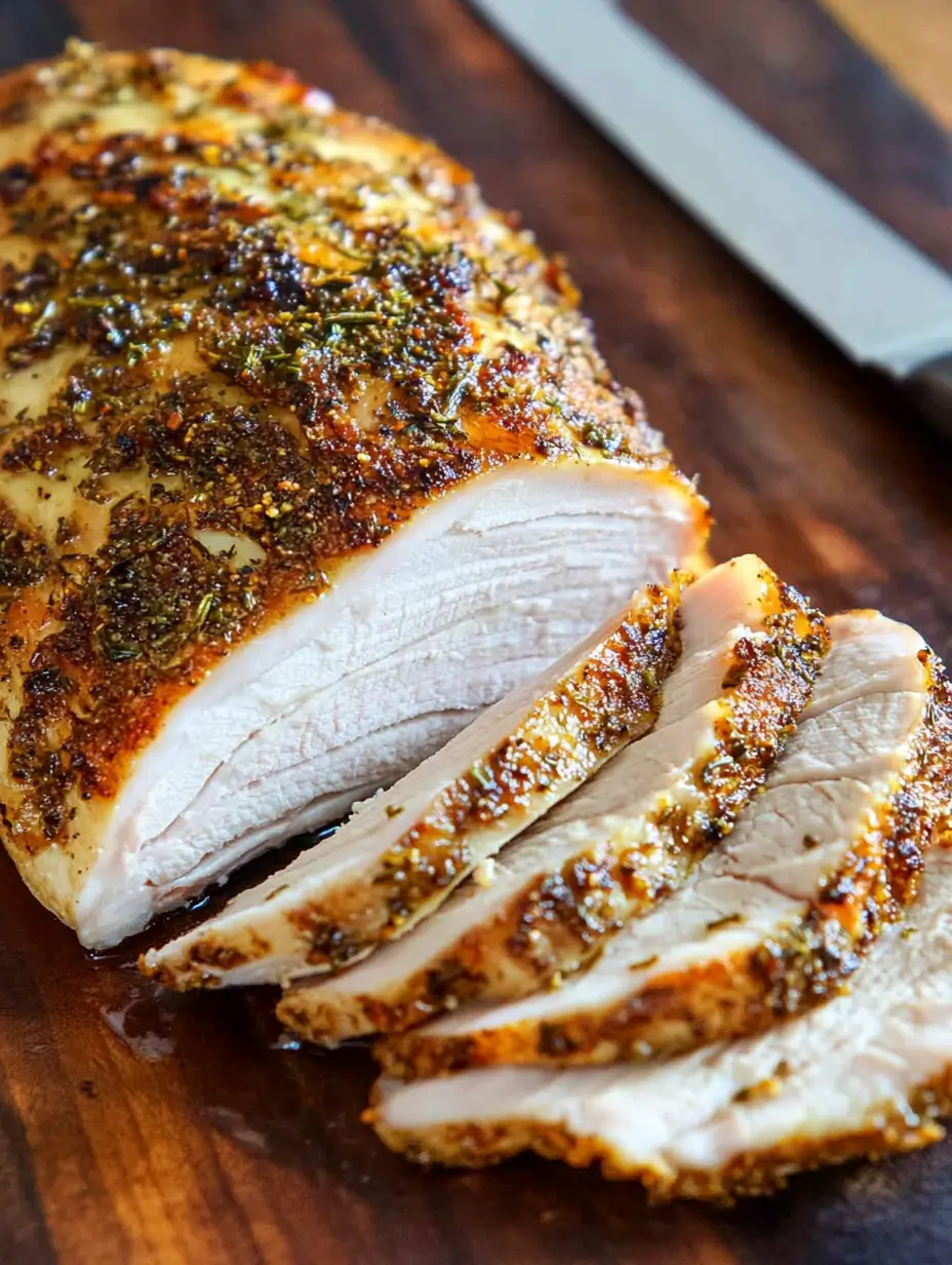 A side view of smoked turkey breast sliced thinly on a wooden board, emphasizing its juicy and tender texture.