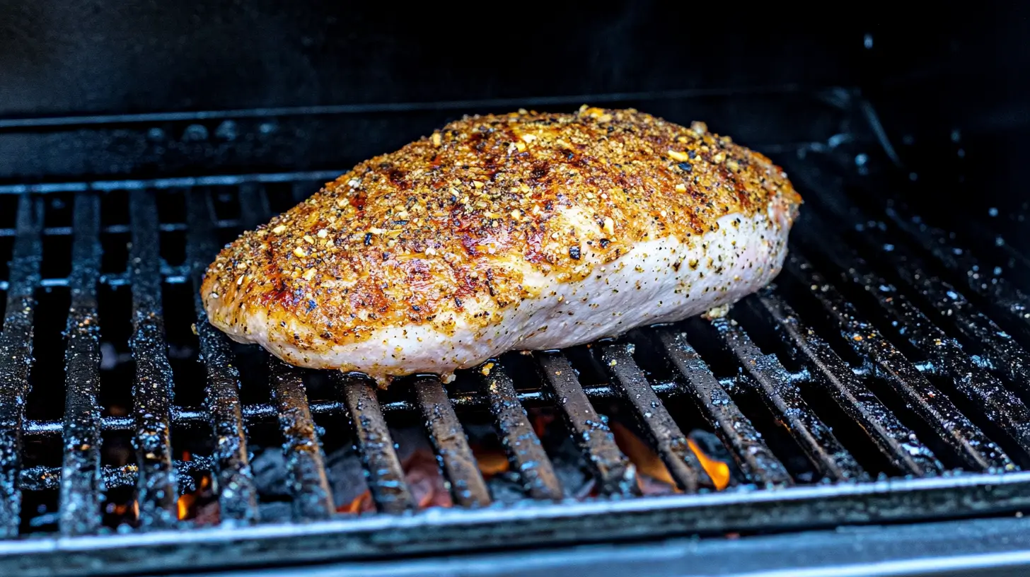 sizzling on a grill with visible grill marks and glowing embers beneath.