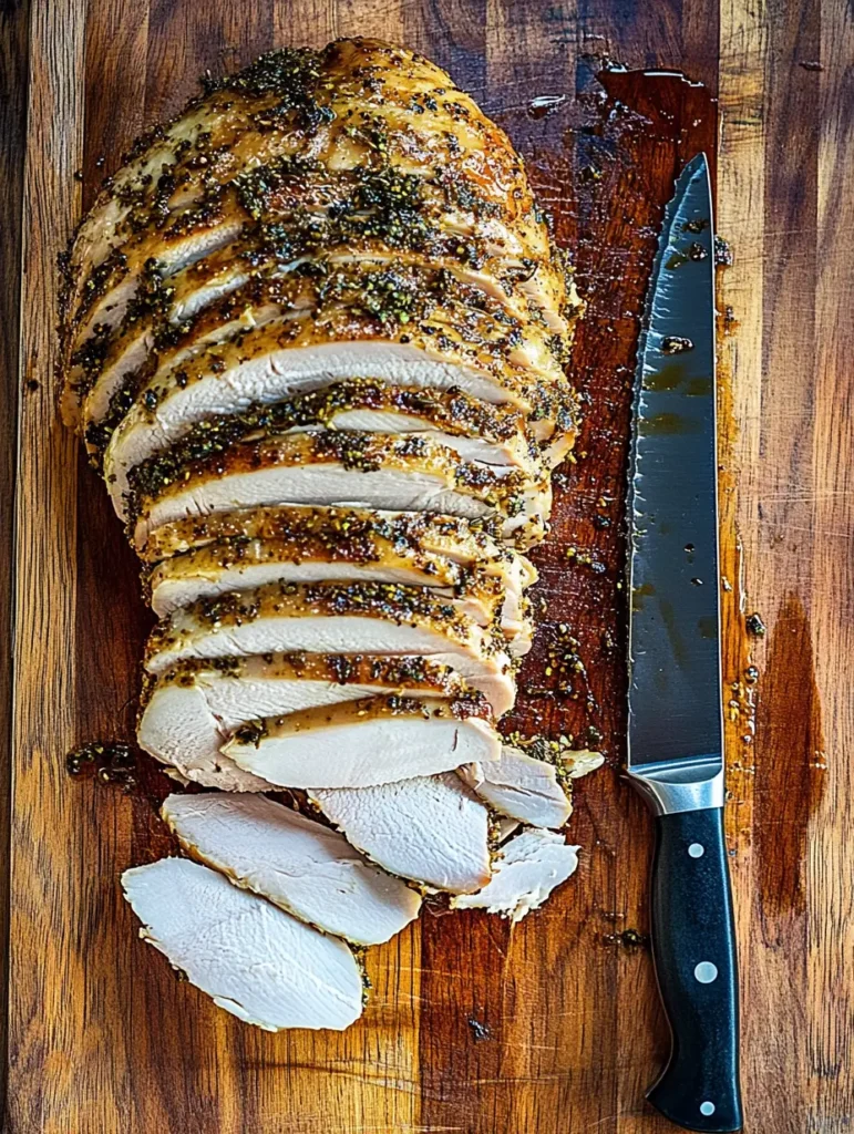 Perfectly smoked turkey breast, sliced thinly, with a golden, herb-crusted exterior displayed on a wooden cutting board next to a sharp knife.