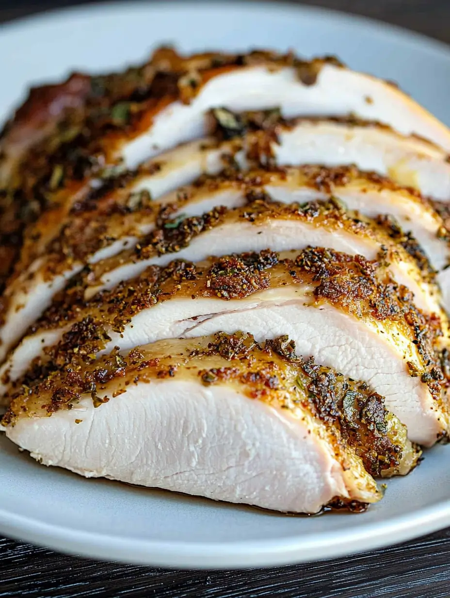 A plate of thickly sliced smoked turkey breast with a seasoned crust, showcasing its juicy interior.