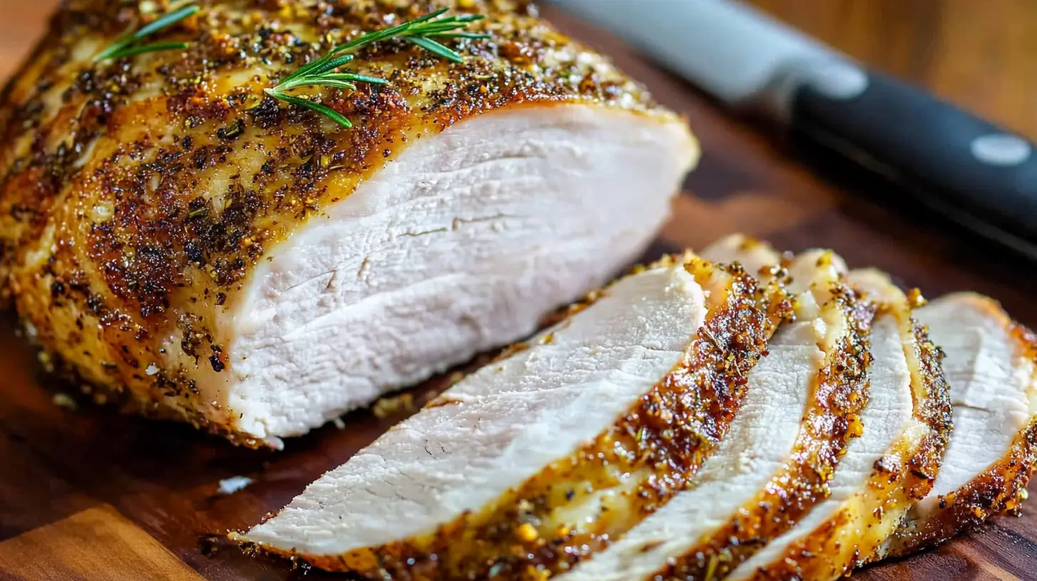 Dinner Recipes 21 Slices of smoked turkey breast on a cutting board, garnished with a sprig of fresh rosemary.