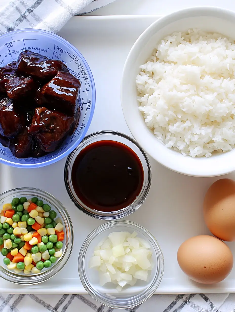 Steak Fried Rice Your Whole Family Will Love 3 Ingredients : marinated pieces, white rice, eggs, peas and carrots, chopped onions, and soy sauce in bowls.