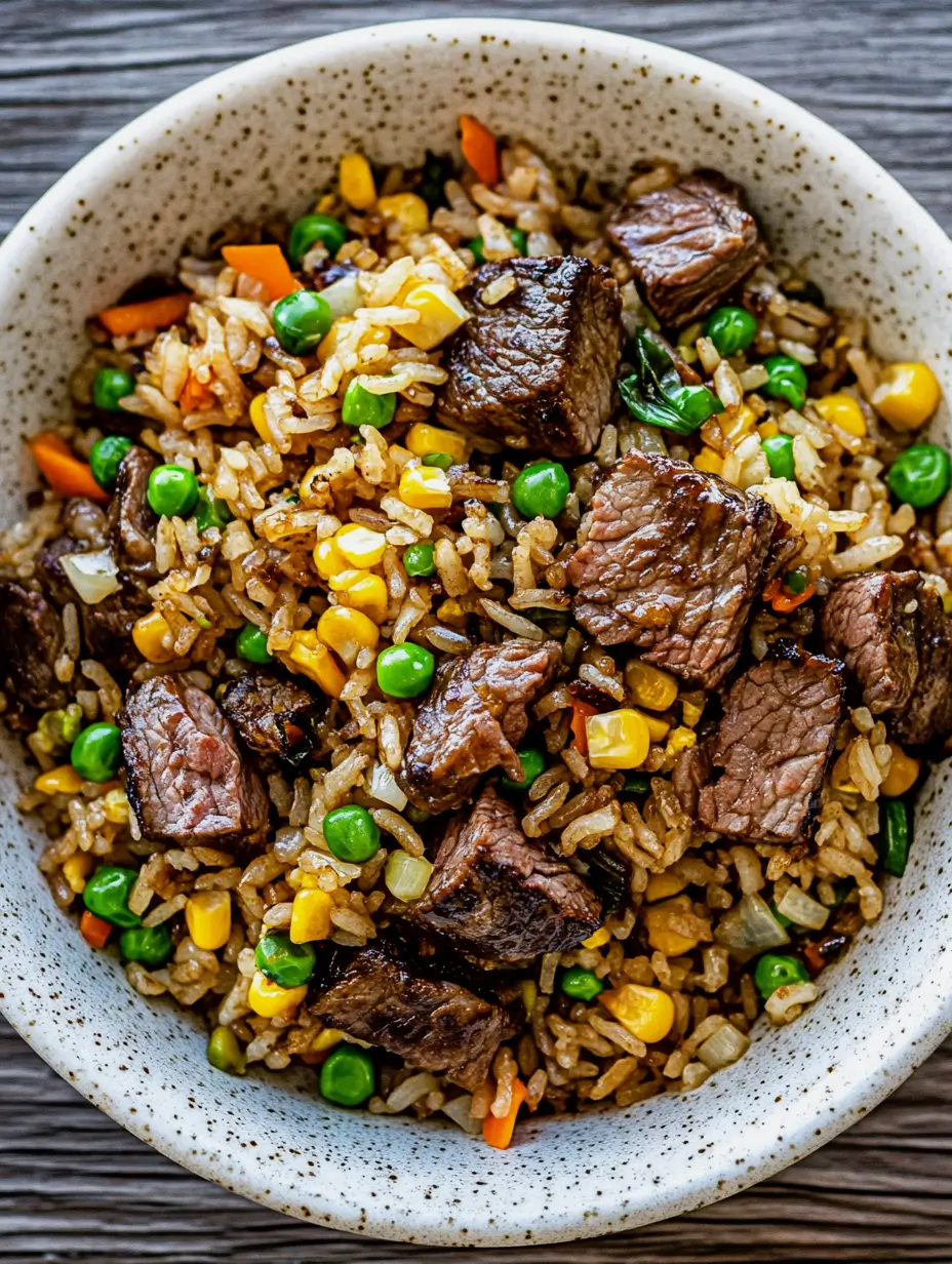 Steak Fried Rice Your Whole Family Will Love 2 A bowl of steak fried rice with seared beef chunks, peas, corn, and carrots, captured from a top-down view.
