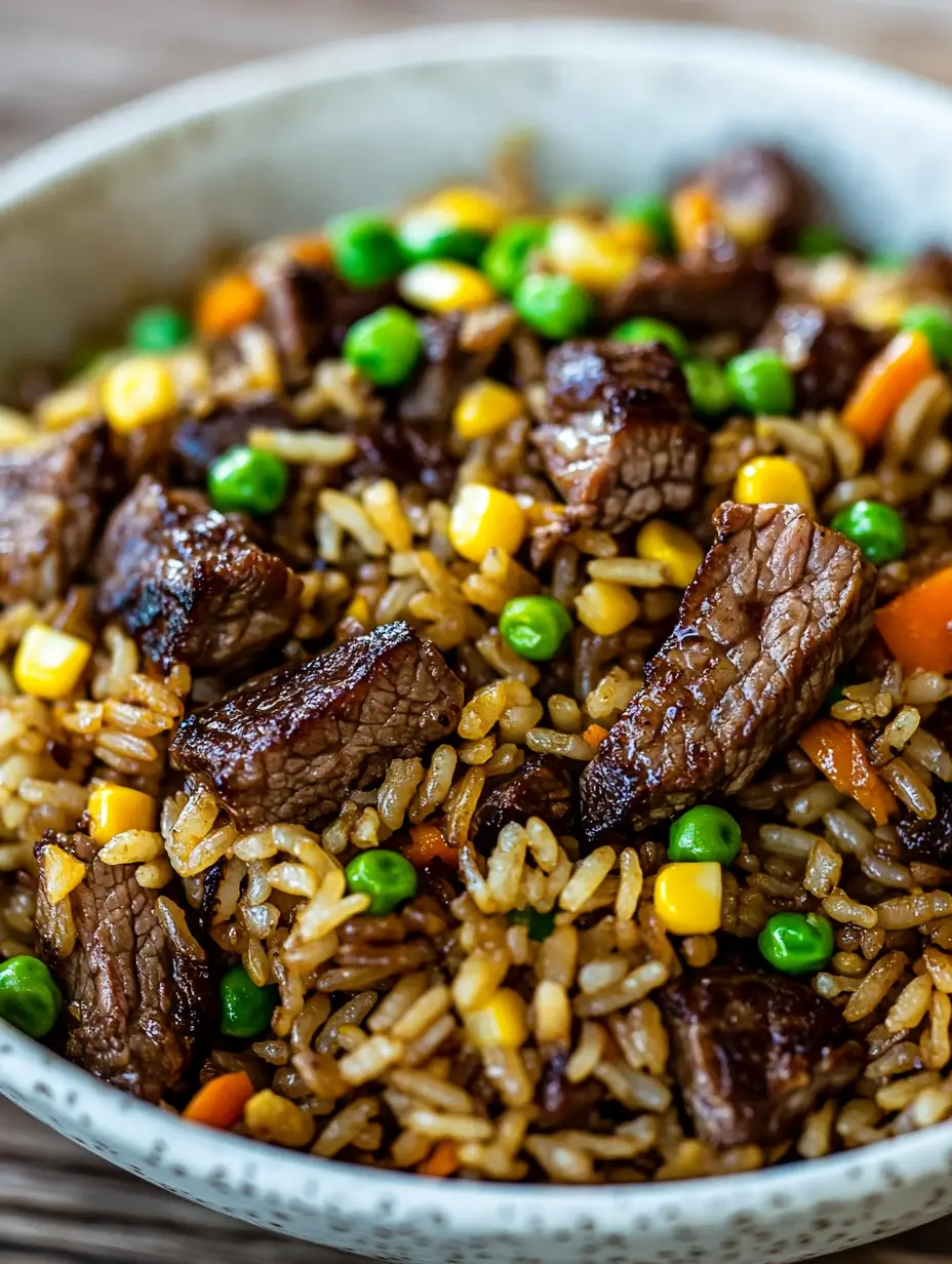 Steak Fried Rice Your Whole Family Will Love 5 A close-up of dish in a bowl, showcasing tender beef pieces, vibrant peas, corn, and carrots.