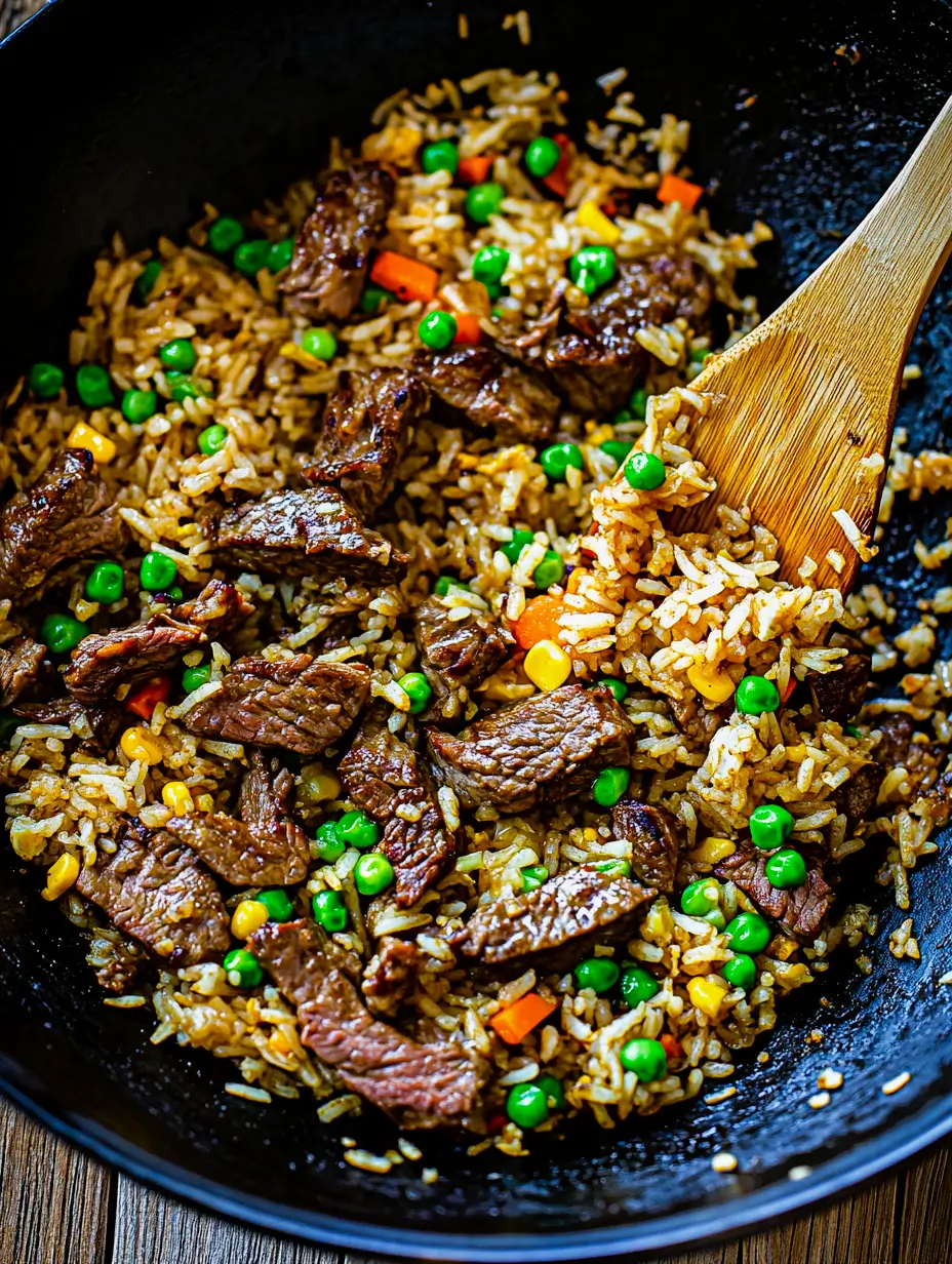 Steak Fried Rice Your Whole Family Will Love 4 A wok filled with steak fried rice, garnished with peas, carrots, and corn, with a wooden spatula mixing the ingredients.