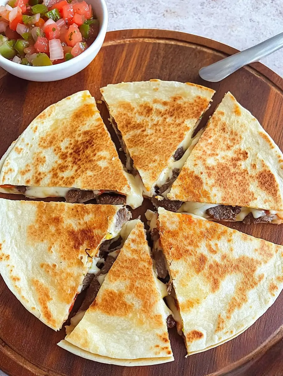 Steak Quesadilla Recipe You Can Whip Up Anytime 6 A round wooden platter with sliced steak quesadillas and a bowl of fresh pico de gallo.