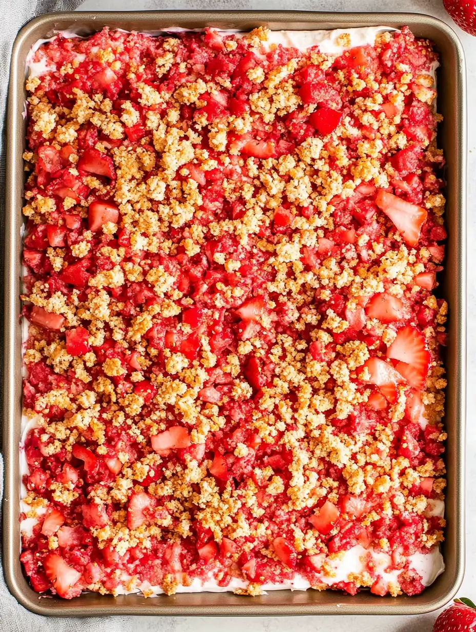 A baking tray filled with a colorful strawberry crunch cake topped with fresh strawberries and golden crumb topping.