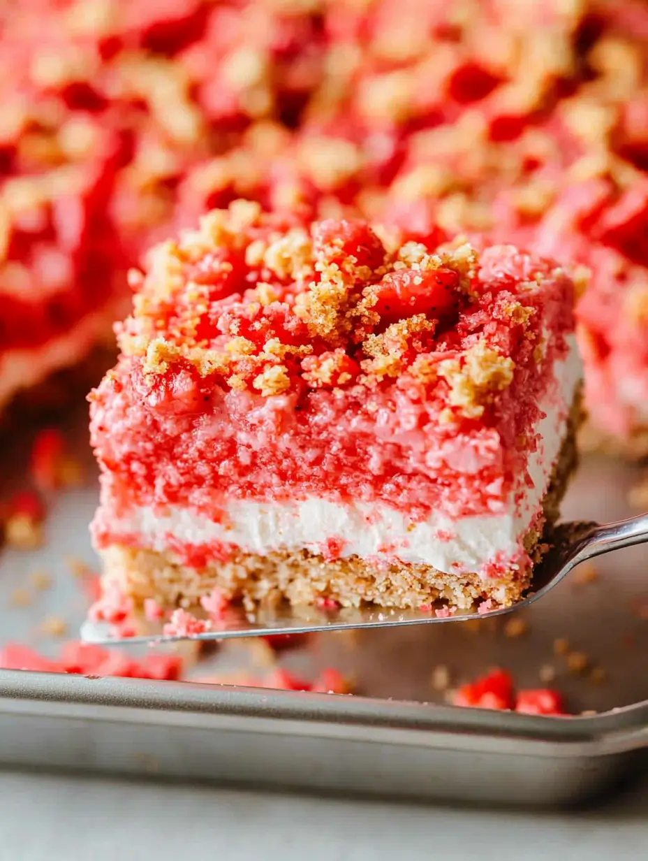 A close-up slice of strawberry crunch cake with layers of pink and white filling, topped with a crunchy strawberry crumb topping on a spatula.