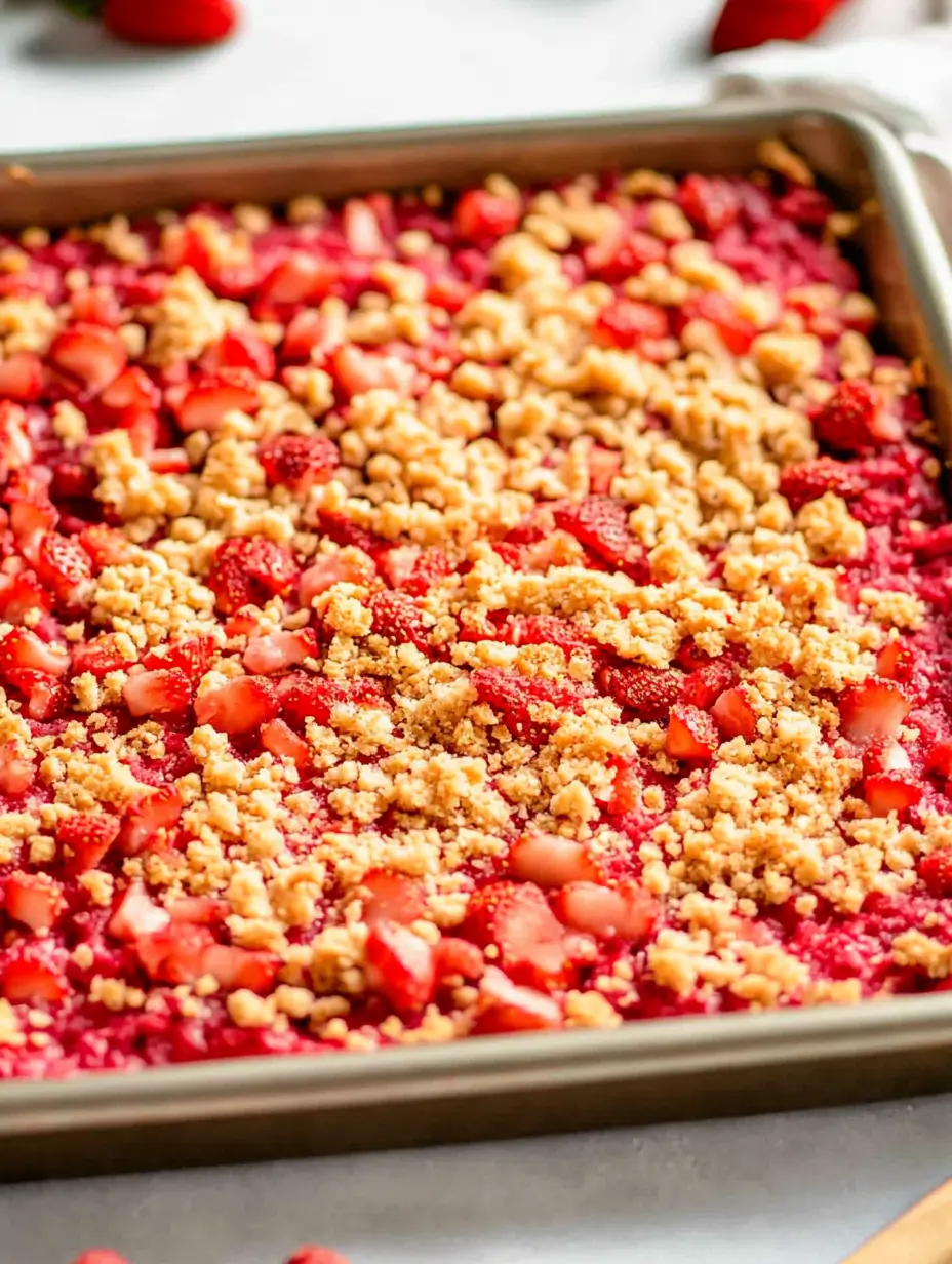 A baking pan filled with strawberry cake topped with crushed strawberries and crumbly topping.