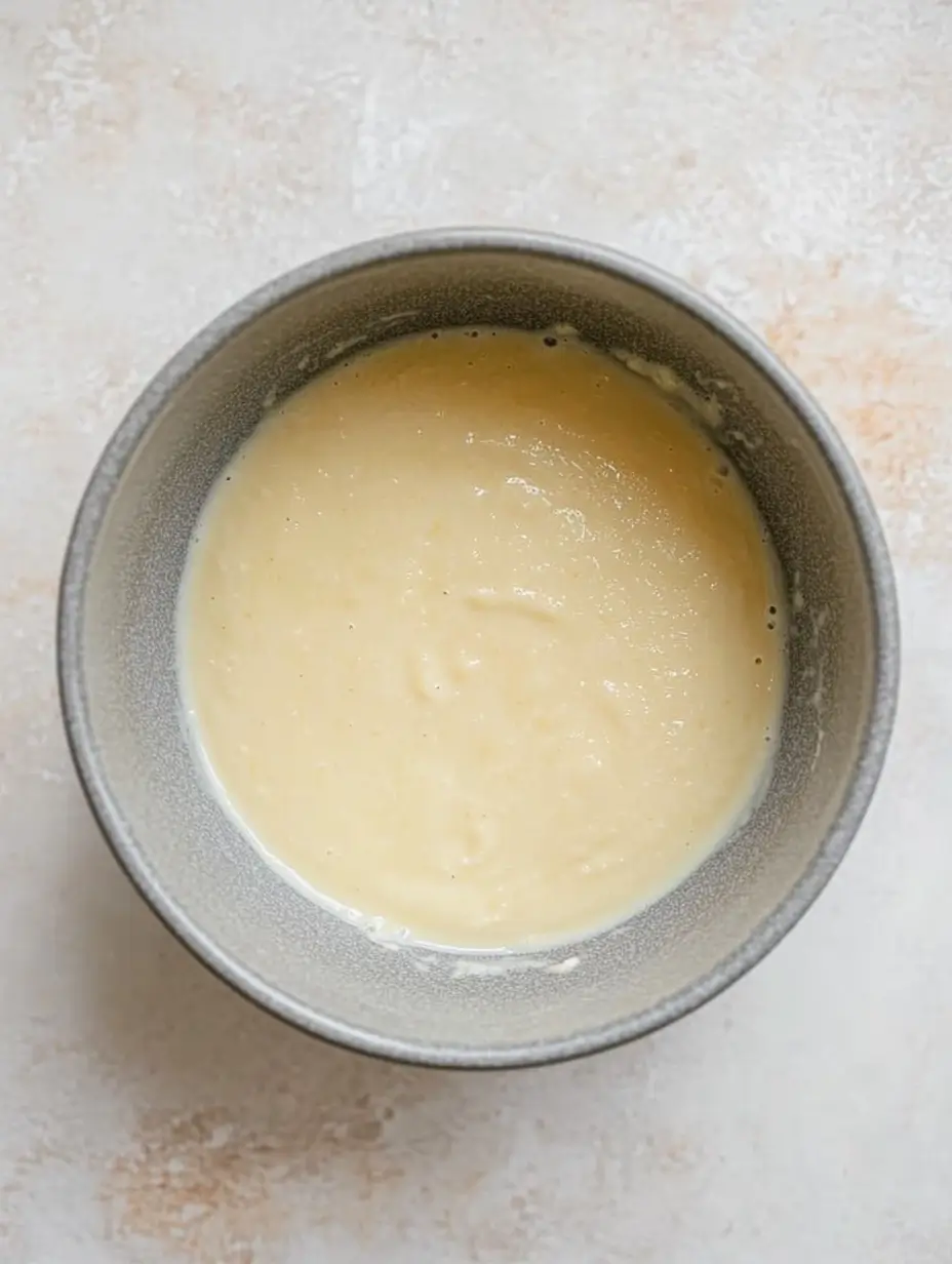 A bowl containing a smooth vanilla cake batter ready to be mixed for baking.