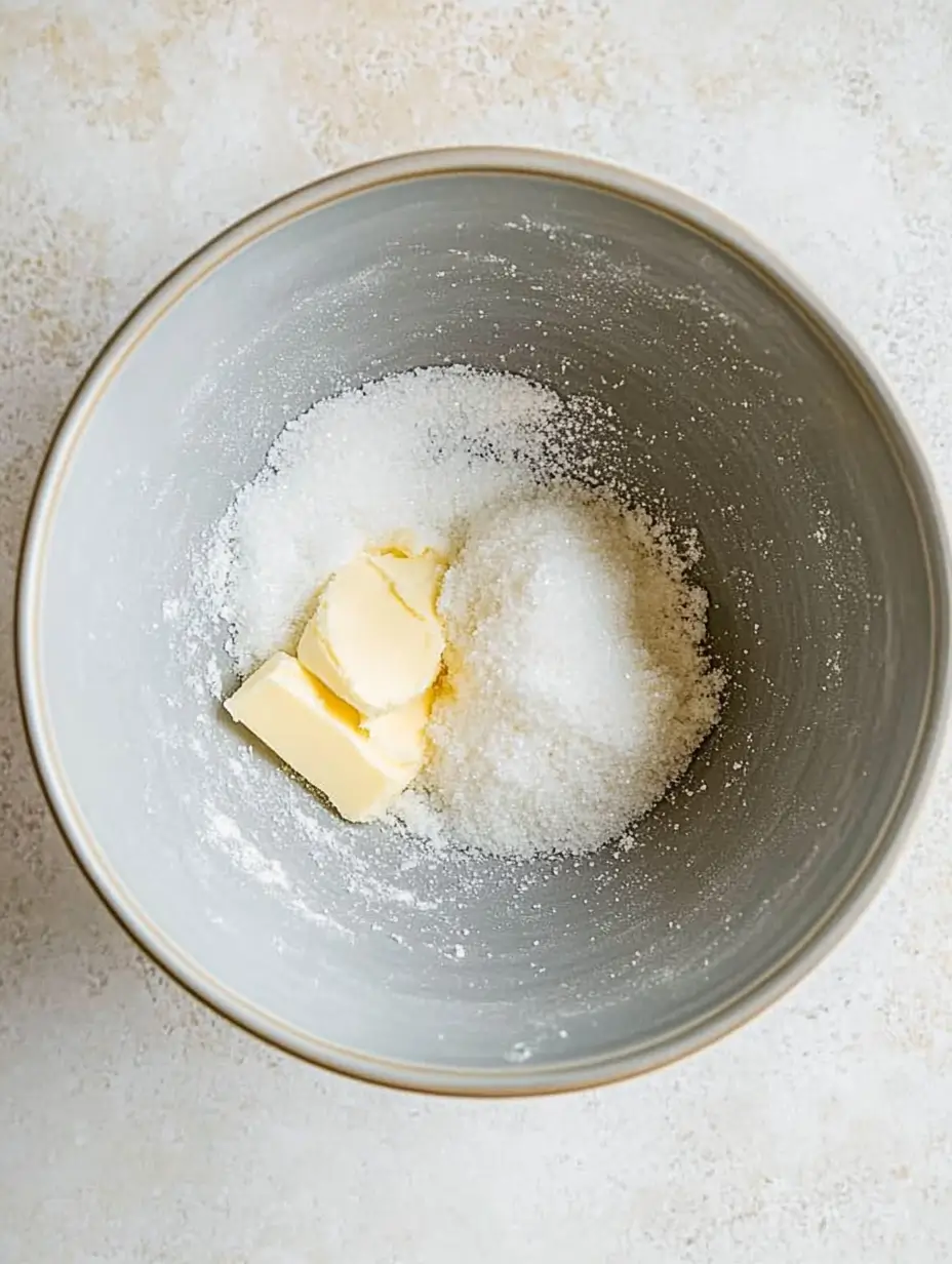 A bowl with sugar and softened butter, ready to be mixed.