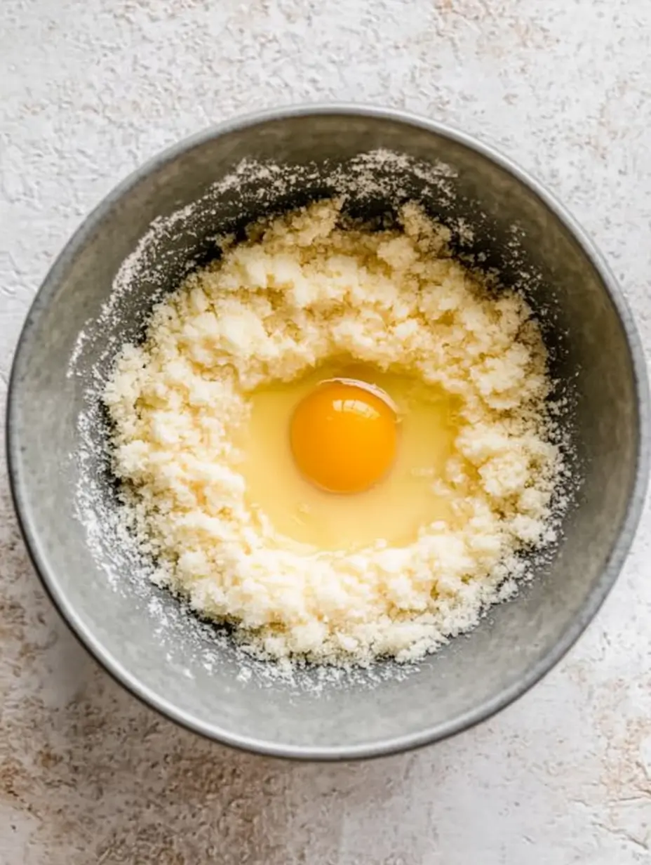 A bowl with sugar and butter being creamed together, topped with an egg in the center.