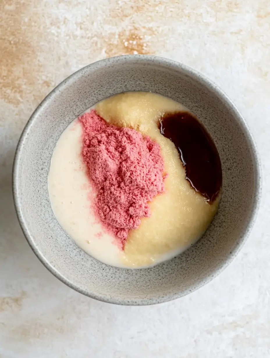 A bowl with a mixture of cream, strawberry powder, applesauce, and vanilla extract, ready to be blended.
