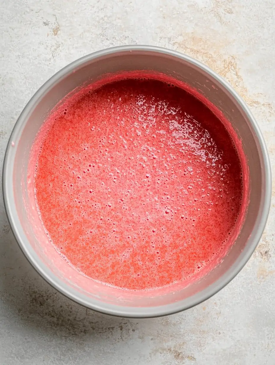 A bowl containing a smooth, vibrant pink strawberry cake batter, ready for baking.