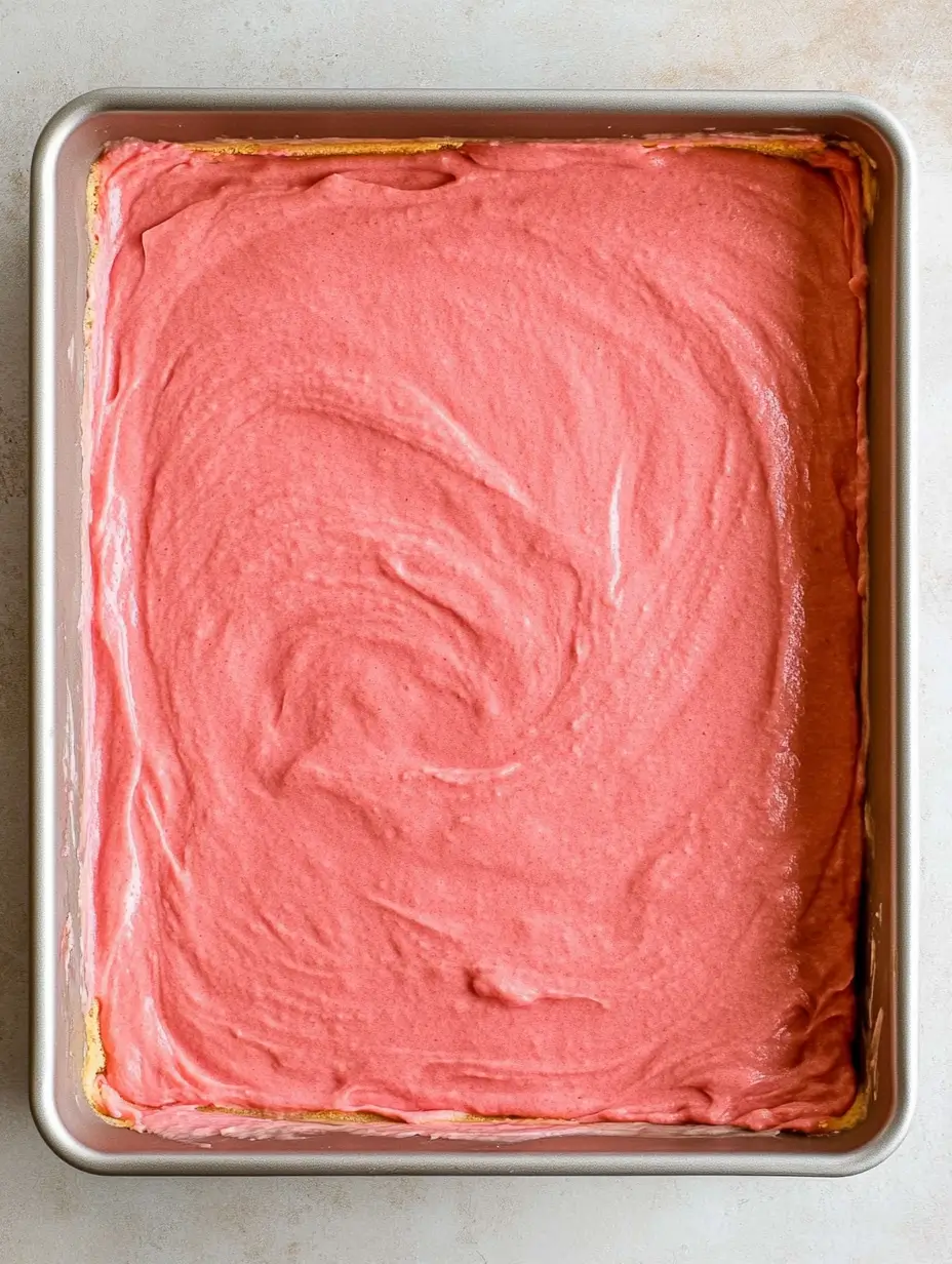 A rectangular pan filled with a bright pink layer of strawberry cake, evenly spread.