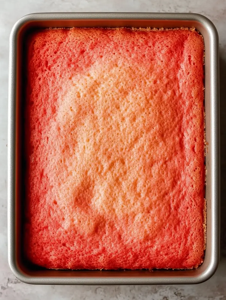 A freshly baked rectangular strawberry cake with a golden crust on top.