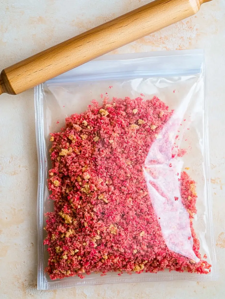 A resealable plastic bag filled with pink and yellow strawberry-flavored crumbs, with a wooden rolling pin on top.