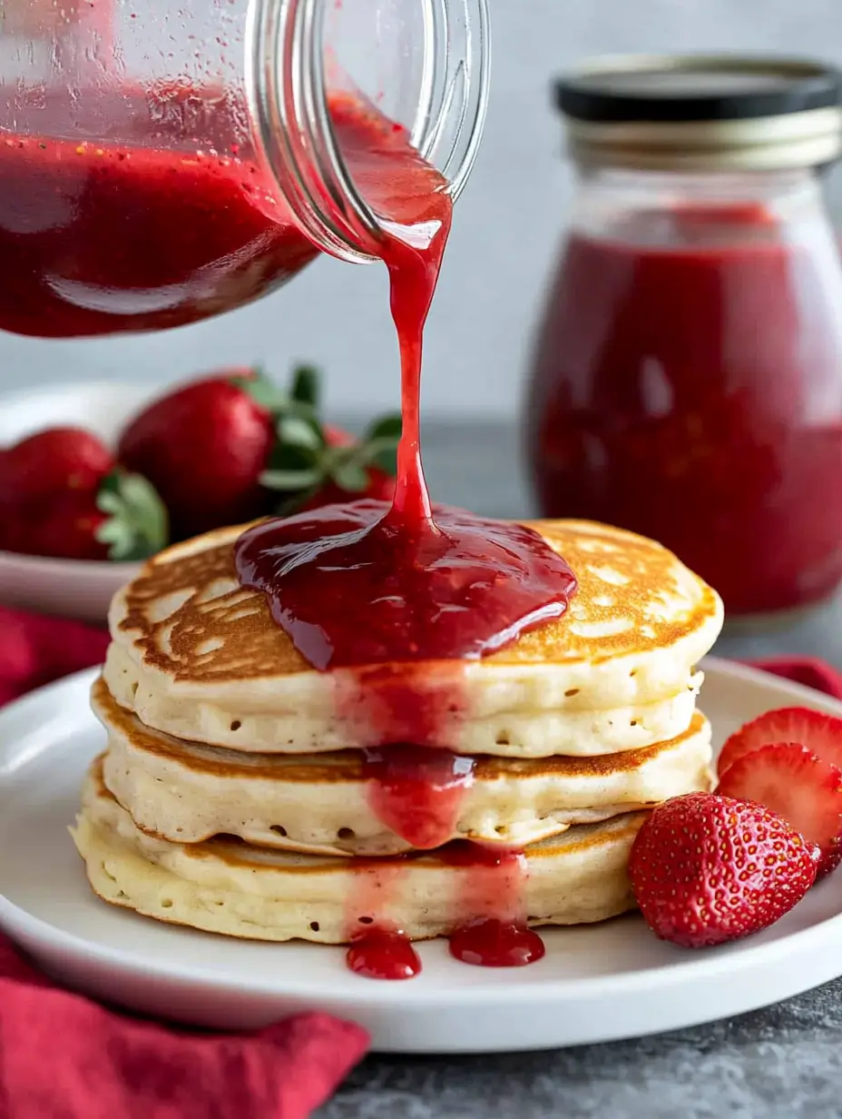 A stack of fluffy pancakes on a white plate being topped with vibrant red strawberry puree pouring from a glass jar, surrounded by fresh strawberries and a jar of puree in the background.