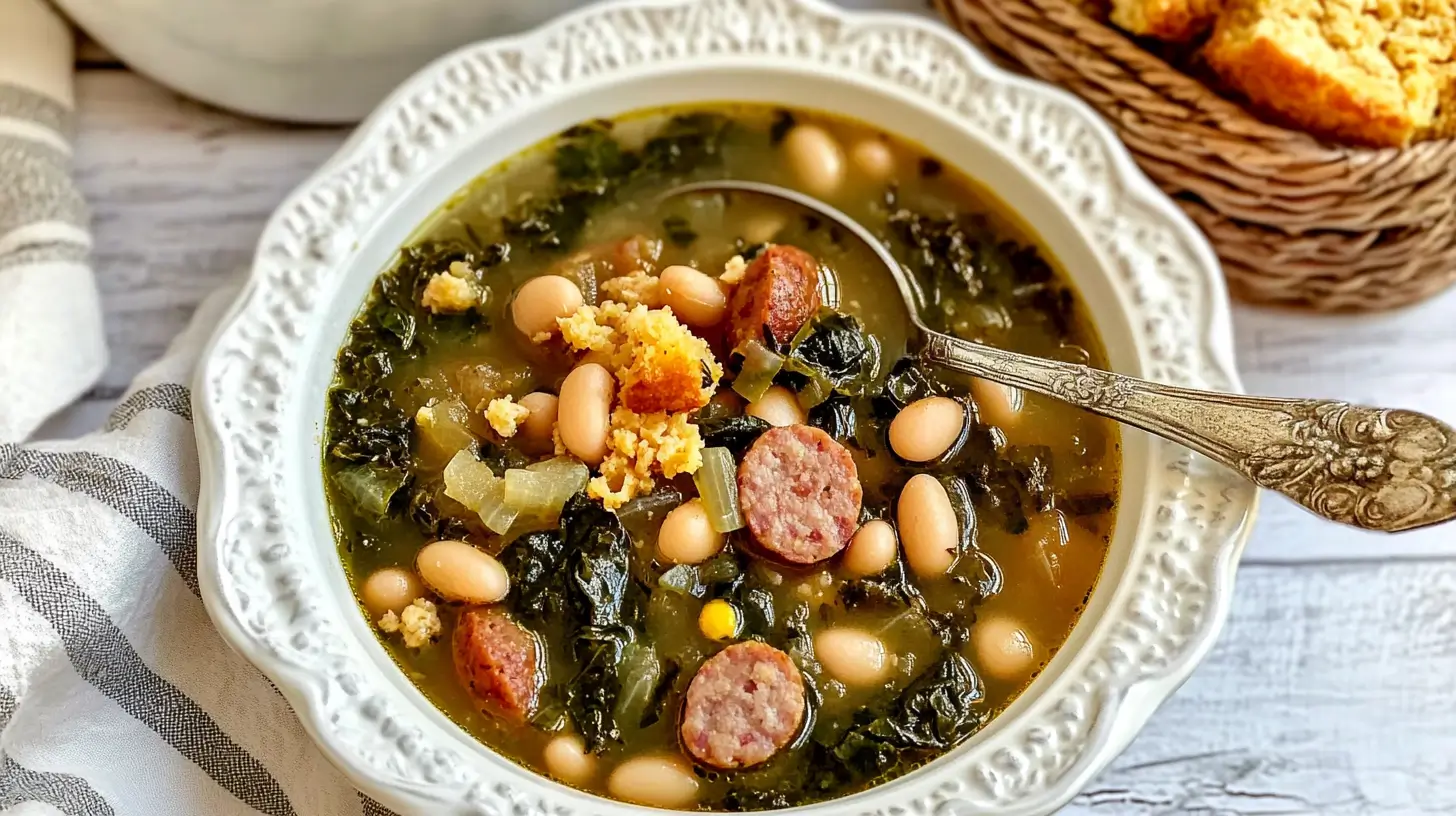 A hearty bowl of swamp soup with smoked sausage, white beans, kale, and cornbread crumbles served in a decorative white bowl.
