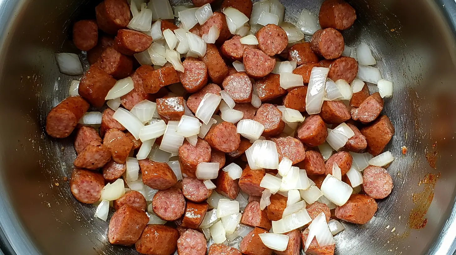 Sautéed smoked sausage slices and diced onions in a pan, forming the flavorful base for swamp soup.