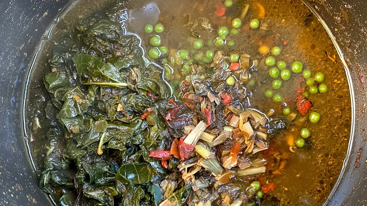 Simmering pot of swamp soup with kale, peas, and diced vegetables in a rich broth.