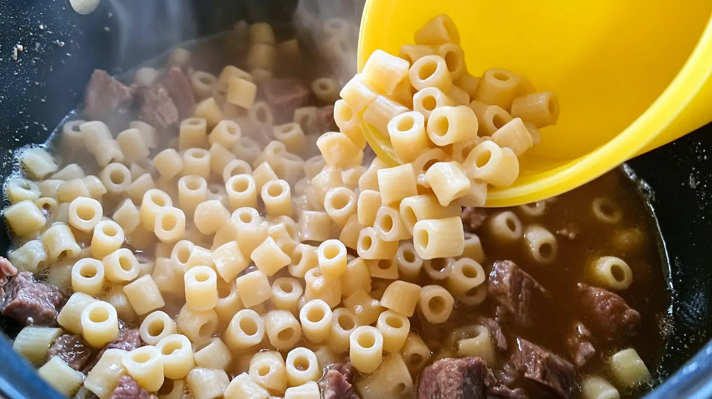 Cooked ditalini pasta being added to the swamp soup for a hearty and filling touch.