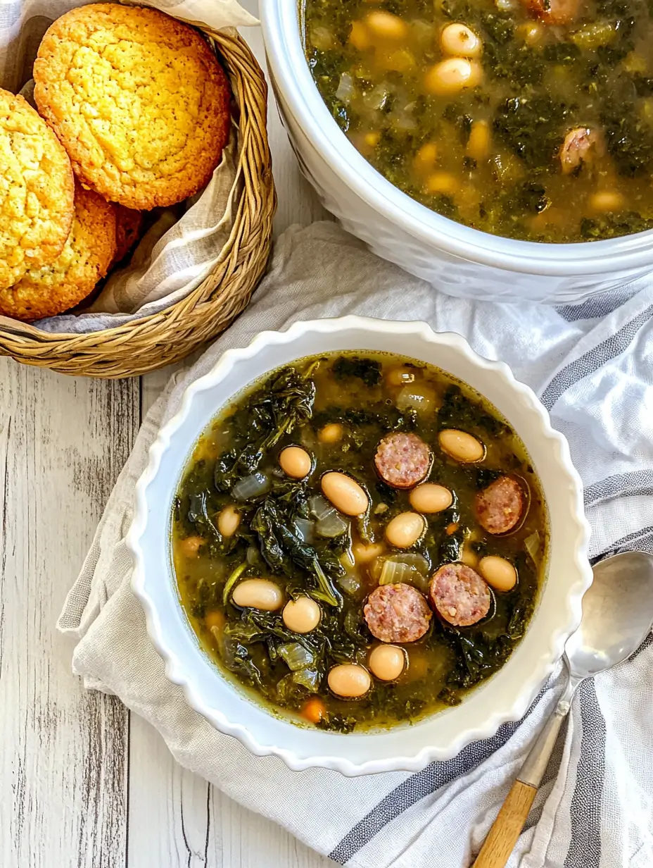 A bowl of hearty swamp soup with smoked sausage, white beans, and kale, served with a side of golden cornbread in a basket.