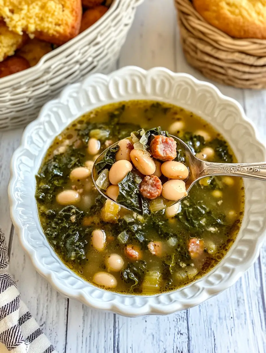 A spoonful of swamp soup showcasing smoked sausage, white beans, kale, and flavorful broth, served alongside cornbread.