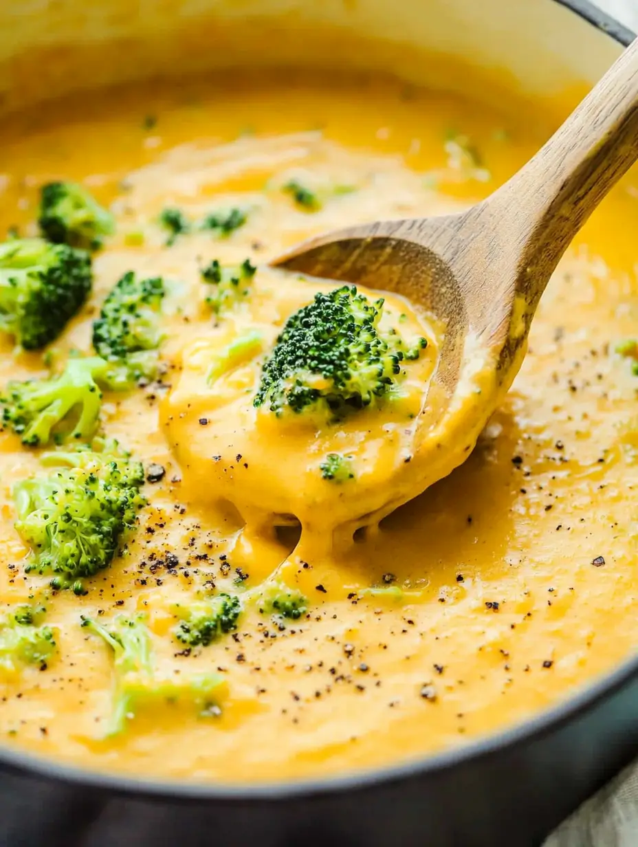 Vegan Broccoli Cheddar Soup 12 creamy-vegan-broccoli-cheddar-soup-in-a-pot-with-a-wooden-spoon-and-broccoli-florets