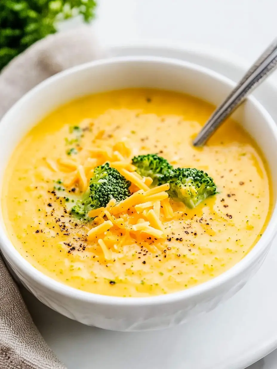 Vegan Broccoli Cheddar Soup 17 creamy-broccoli-cheddar-soup-with-broccoli-florets-and-black-pepper-in-a-bowl