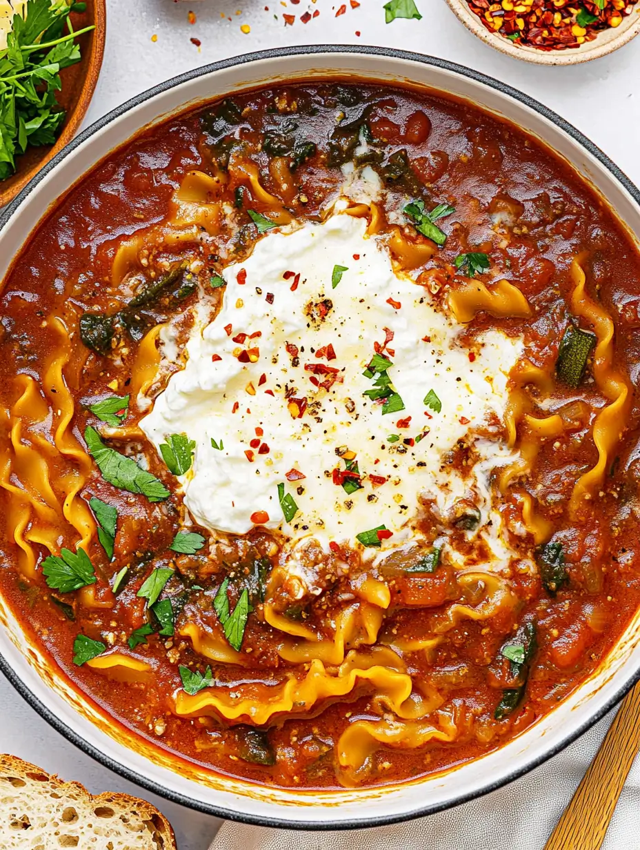 vegetarian-lasagna-soup-topped-with-ricotta-cheese-fresh-parsley-and-chili-flakes-in-a-white-bowl
