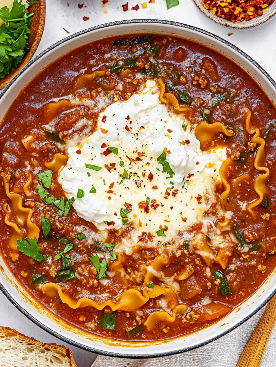 vegetarian-lasagna-soup-with-ricotta-cheese-spinach-and-parsley-in-a-deep-bowl-on-a-white-table
