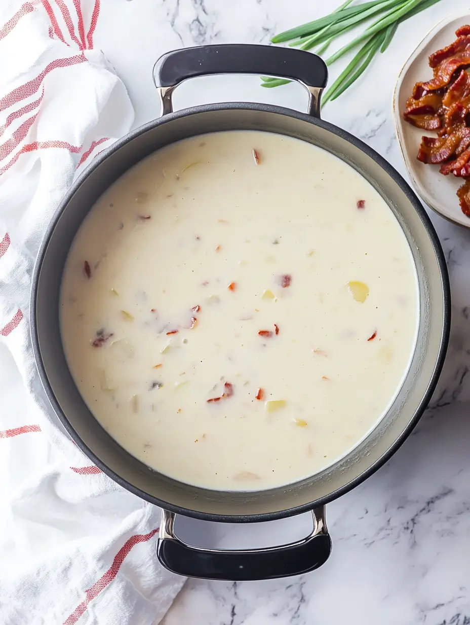 4 Ingredient Potato Soup 16 A-large-pot-of-soup-with-small-bits-of-bacon-and-creamy-broth-surrounded-by-green-onions-and-a-plate-of-crispy-bacon.