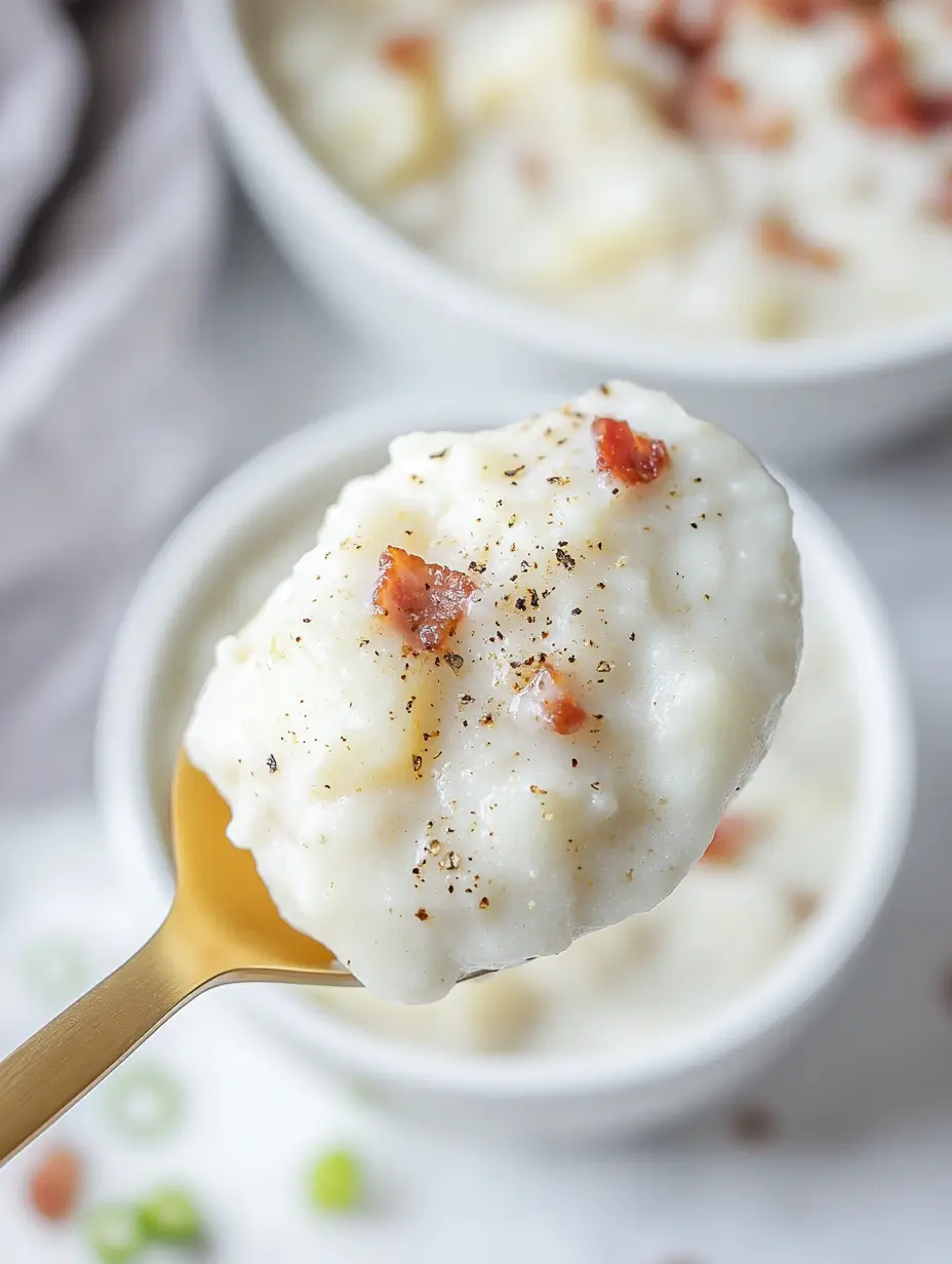 4 Ingredient Potato Soup 13 A-close-up-of-a-golden-spoon-holding-a-creamy-scoop-of-potato-soup-garnished-with-bacon-bits