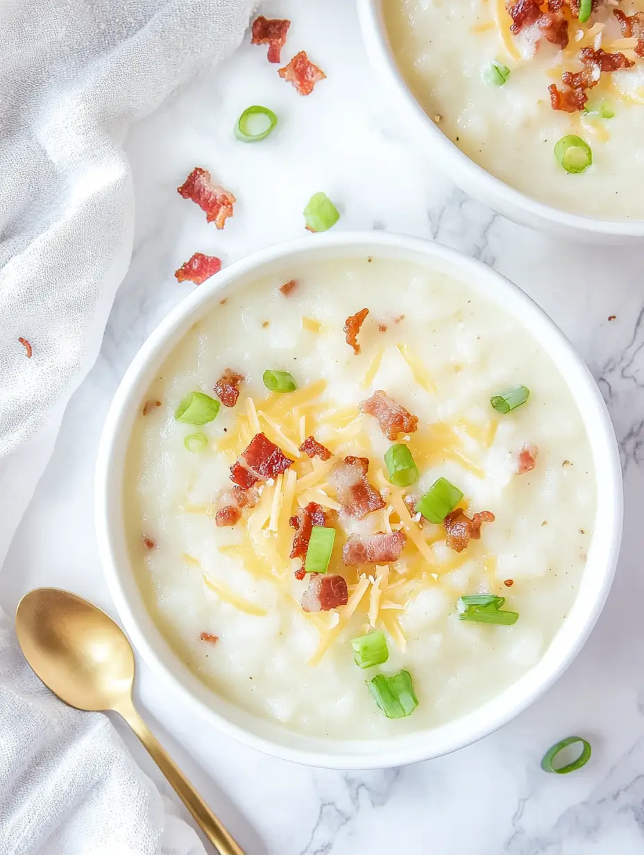 4 Ingredient Potato Soup 12 A-bowl-of-creamy-potato-soup-garnished-with-crispy-bacon-bits-shredded-cheddar-cheese-and-chopped-green-onions-placed-on-a-marble-countertop-with-a-golden-spoon-nearby.