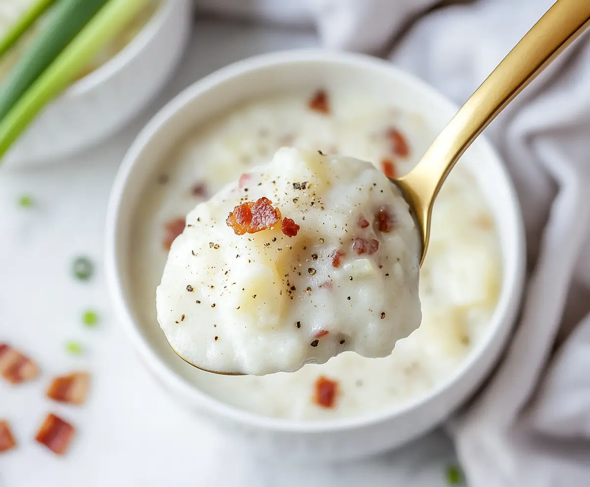 4 Ingredient Potato Soup 19 A-close-up-of-a-golden-spoon-holding-a-creamy-scoop-of-potato-soup-garnished-with-bacon-bits-and-ground-black-pepper-with-a-bowl-of-soup-blurred-in-the-background.