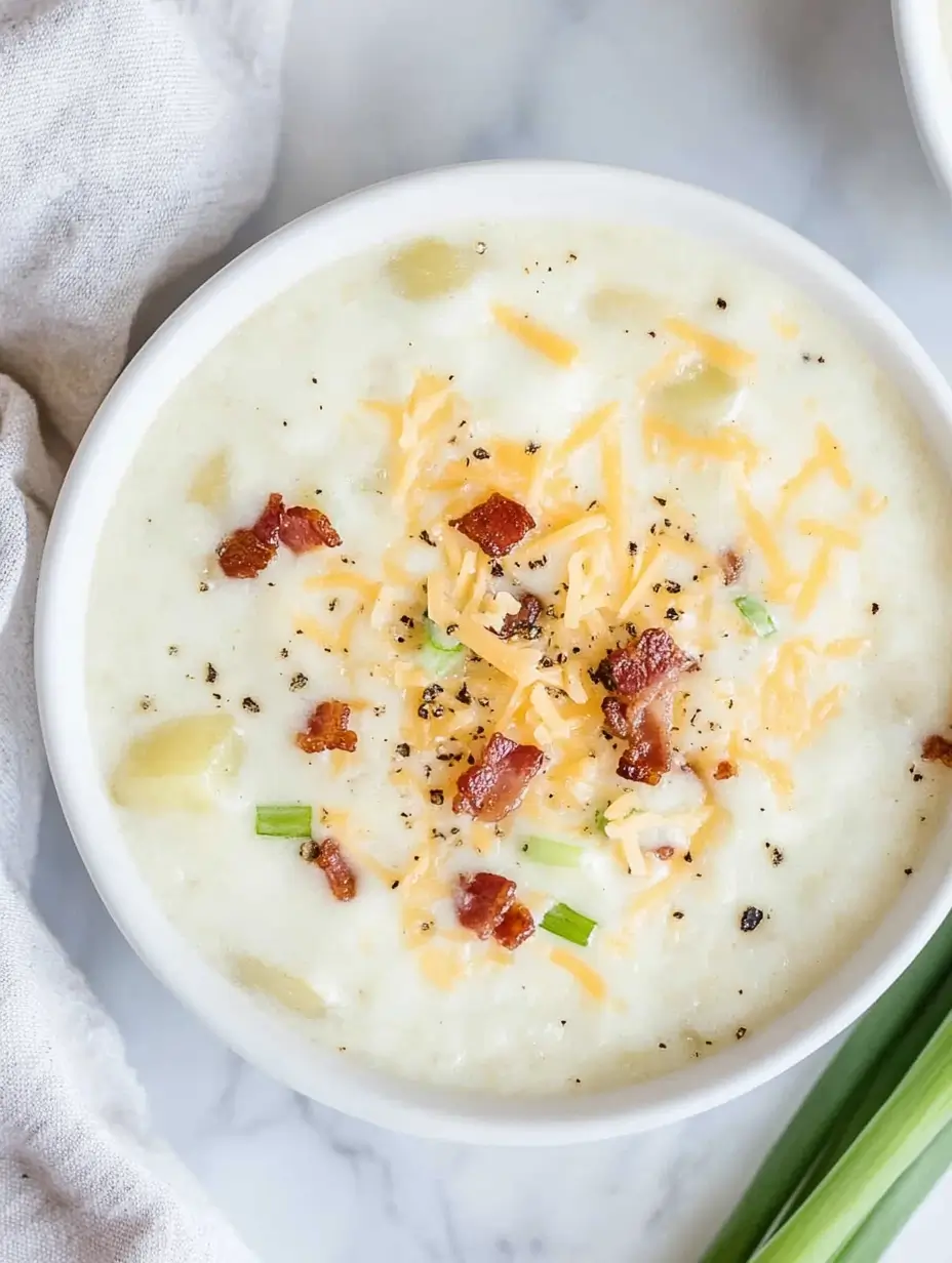 4 Ingredient Potato Soup 18 A-bright-shot-of-potato-soup-in-a-bowl-with-cheddar-bacon-and-pepper-sprinkled-on-top-placed-near-green-onion-stalks.