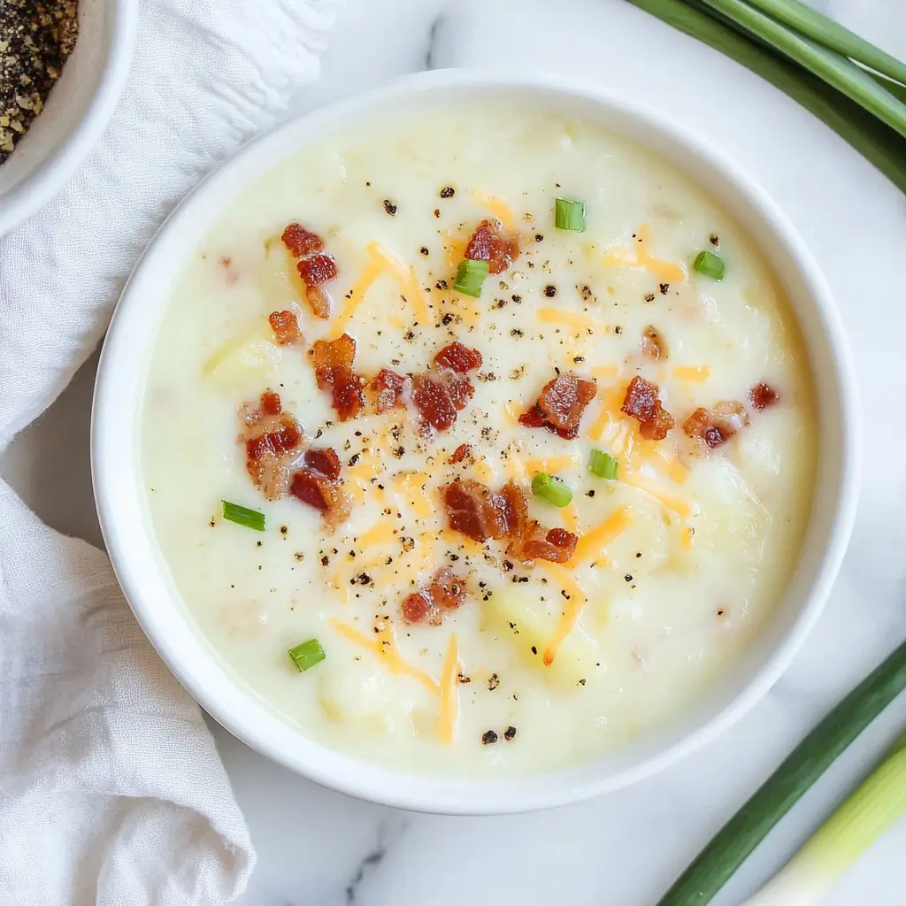 4 Ingredient Potato Soup 21 Another view of potato soup in a white bowl with bacon, cheese, and green onions, accompanied by green onion stalks.