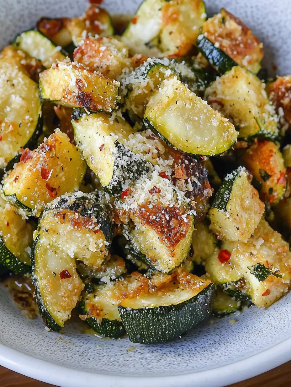 close-up-of-air-fried-zucchini-pieces-topped-with-parmesan-and-chili-flakes