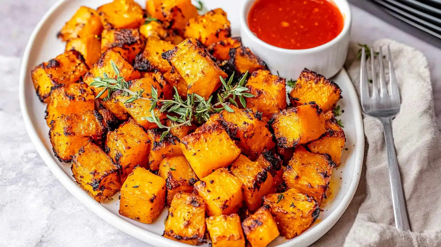 roasted-butternut-squash-cubes-with-thyme-on-white-plate
