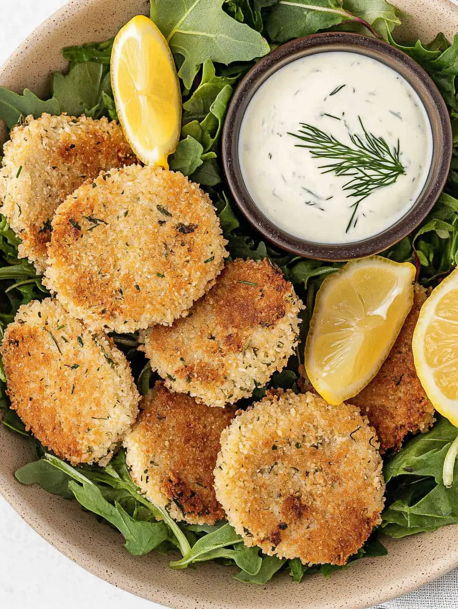 A bowl of mixed greens topped with air-fried chicken patties, garnished with lemon slices and served alongside a creamy dill dip.