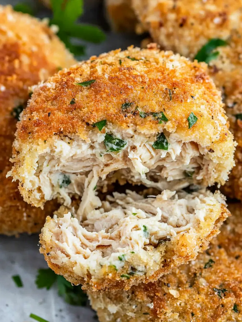 A close-up of a breaded chicken patty broken open to reveal a juicy and tender interior, sprinkled with fresh parsley.