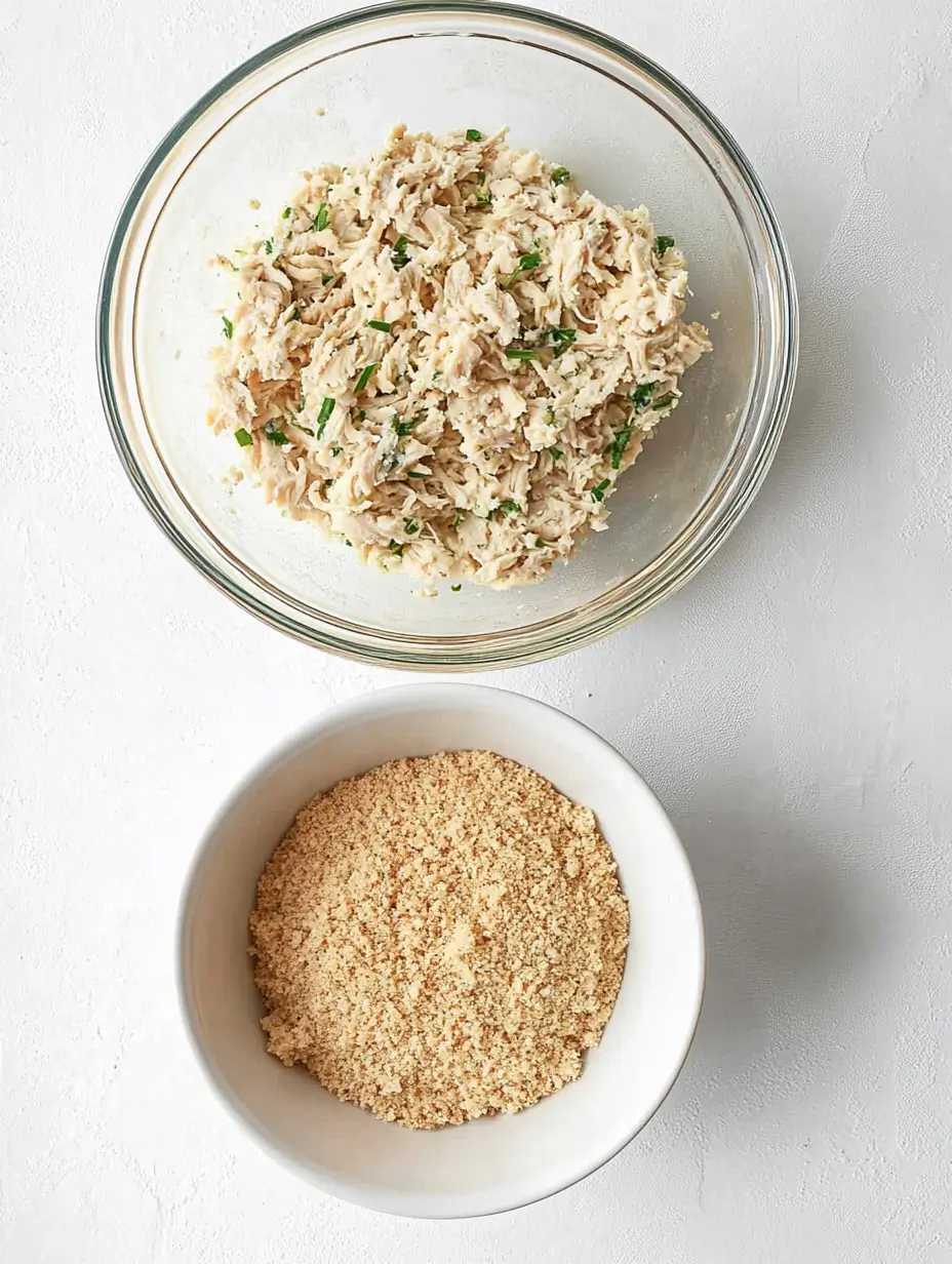 Two bowls on a white surface: one with shredded chicken mixed with herbs and the other containing fine breadcrumbs, ready for making chicken patties.