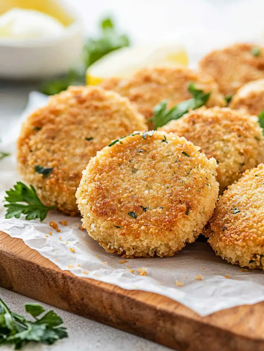 Crispy air-fried chicken patties garnished with parsley, placed on parchment paper with lemon slices in the background.