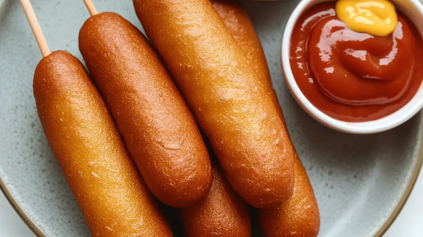 A plate of corn dogs served with bowls of ketchup and mustard for dipping.