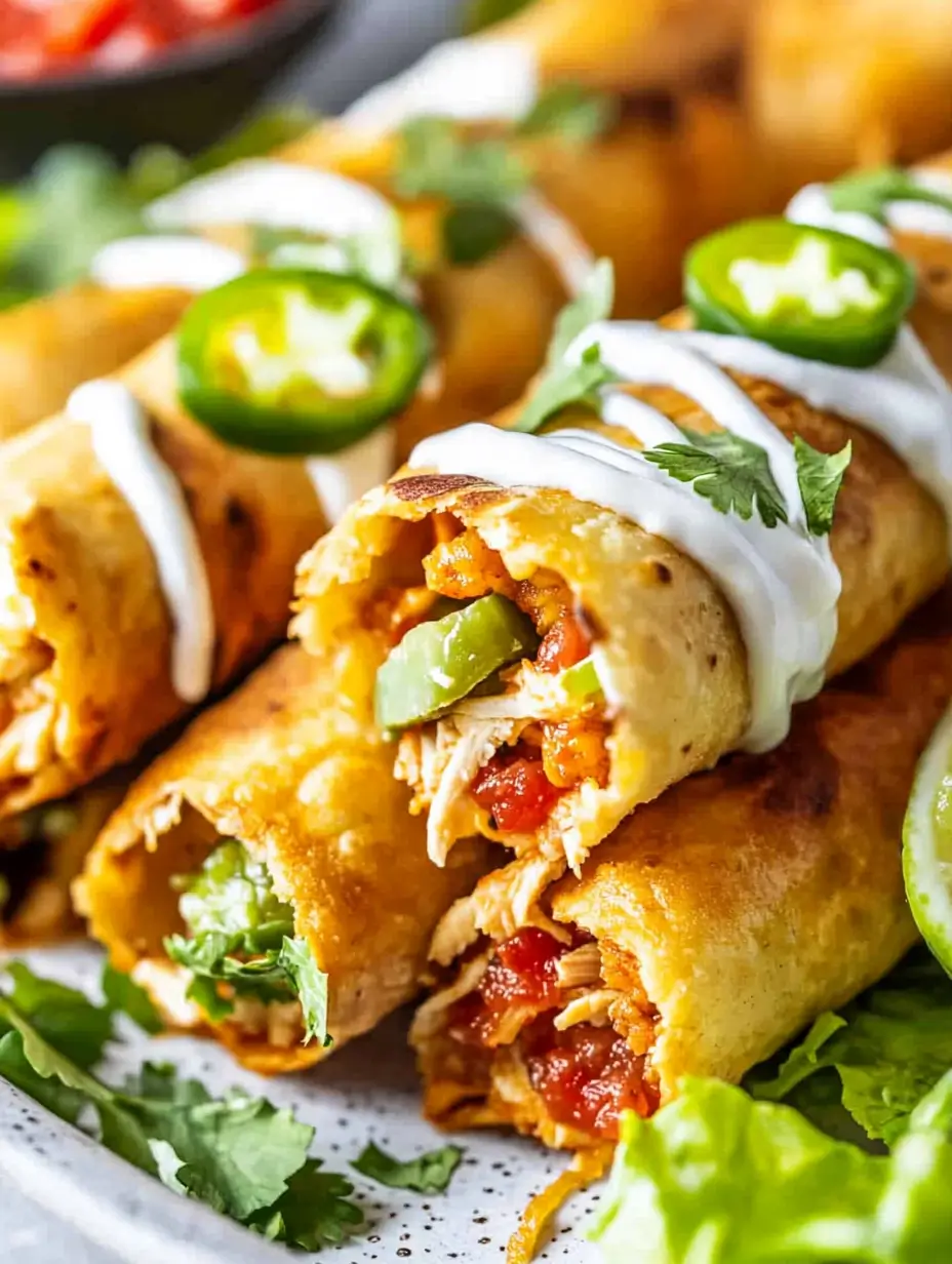 Ridiculously Good Air Fryer Flautas 21 Crispy golden flautas filled with shredded chicken, topped with sour cream drizzle, diced tomatoes, and jalapeño slices, served with a fresh garnish of lettuce and cilantro.